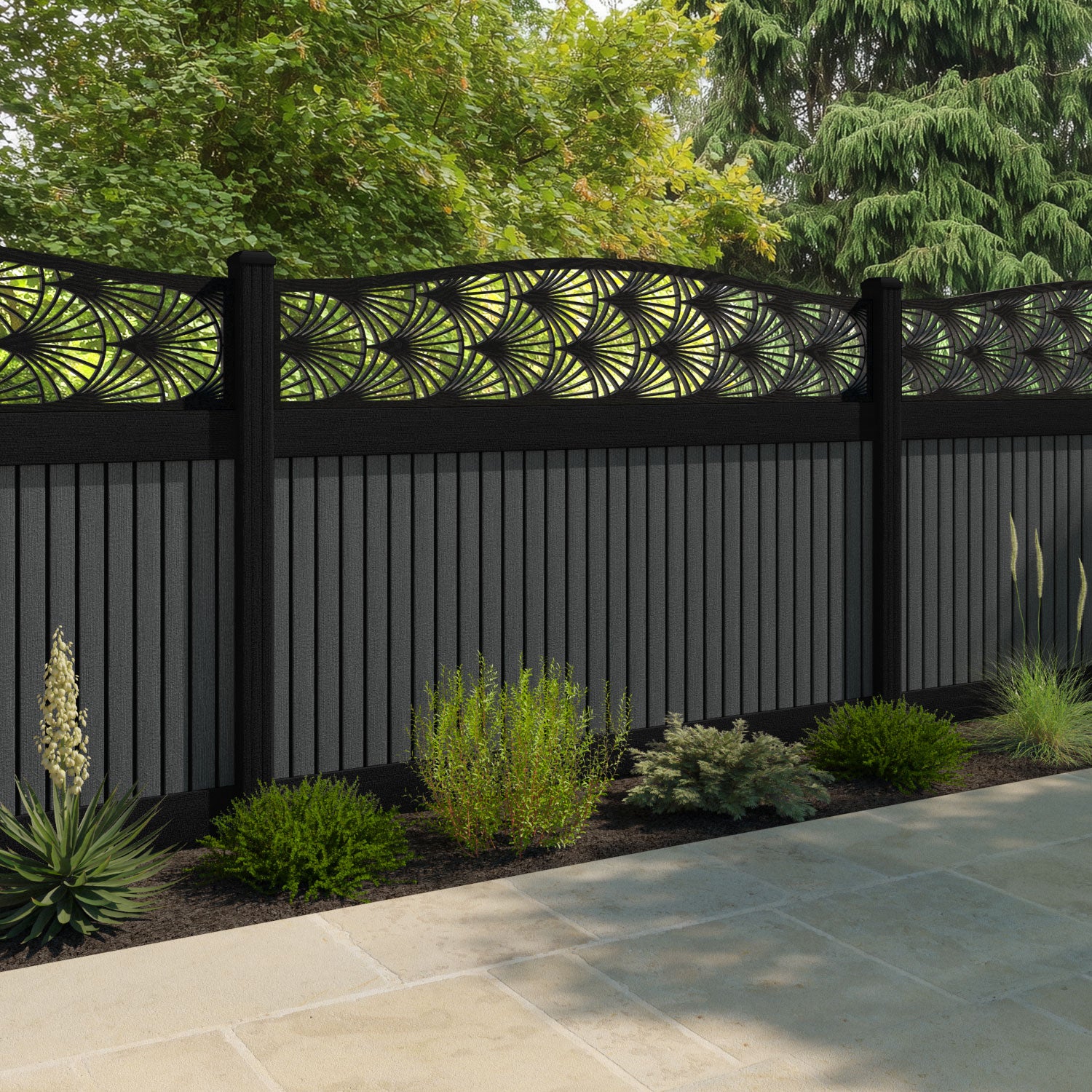 Virtis Laurel Curved Top Fence Panel - Dark Grey - with our aluminium posts