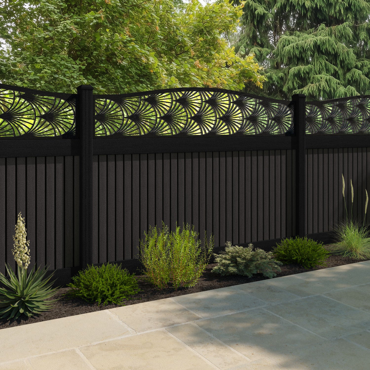 Virtis Laurel Curved Top Fence Panel - Dark Oak - with our composite posts