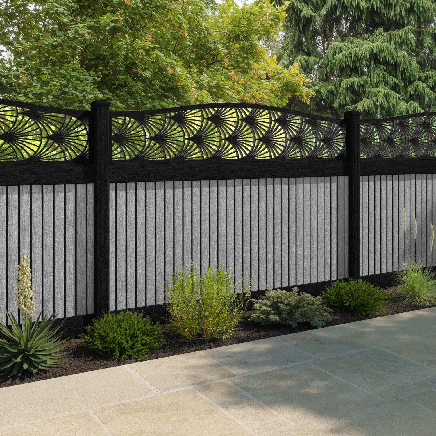 Virtis Laurel Curved Top Fence Panel - Light Grey - with our composite posts