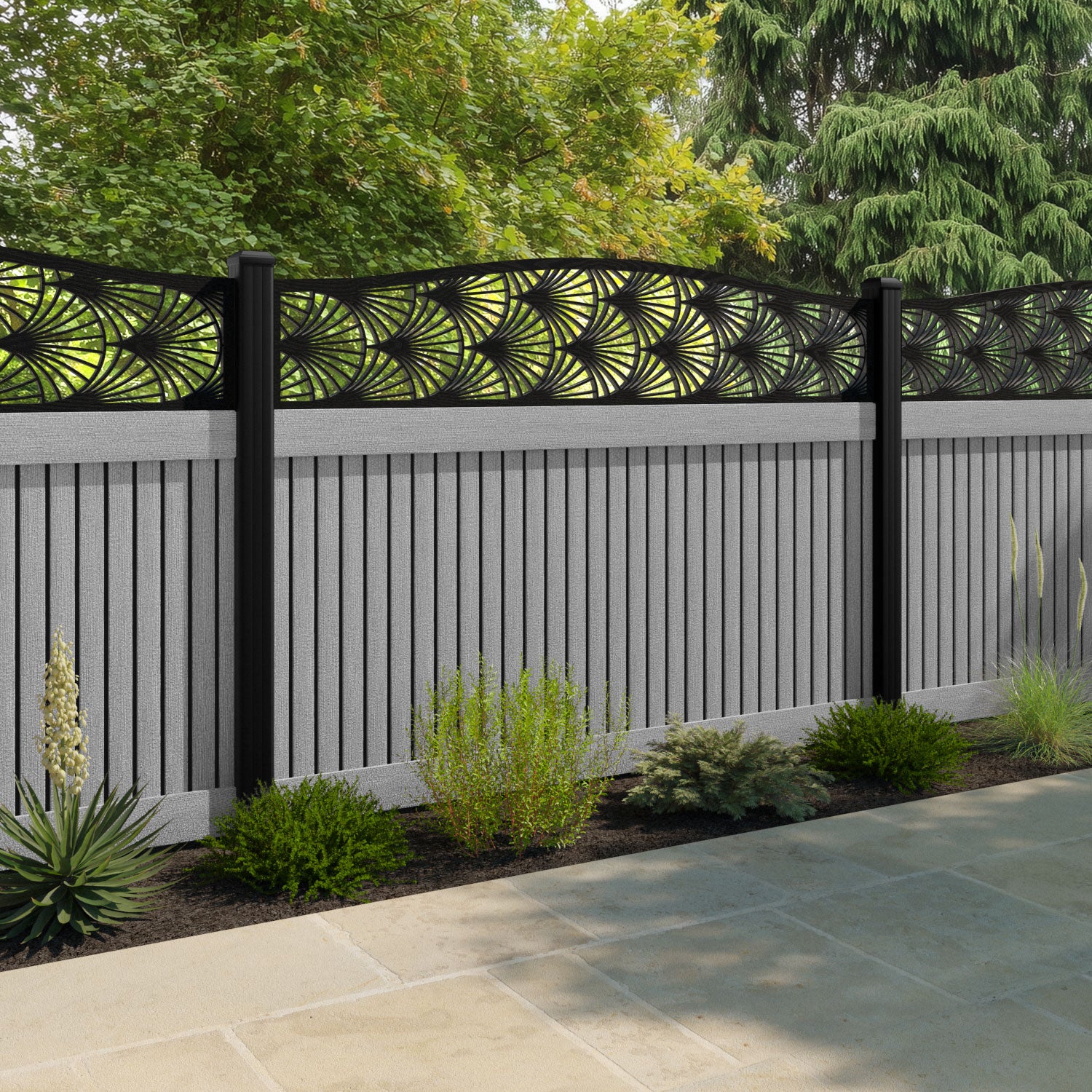Virtis Laurel Curved Top Fence Panel - Light Grey - with our composite posts