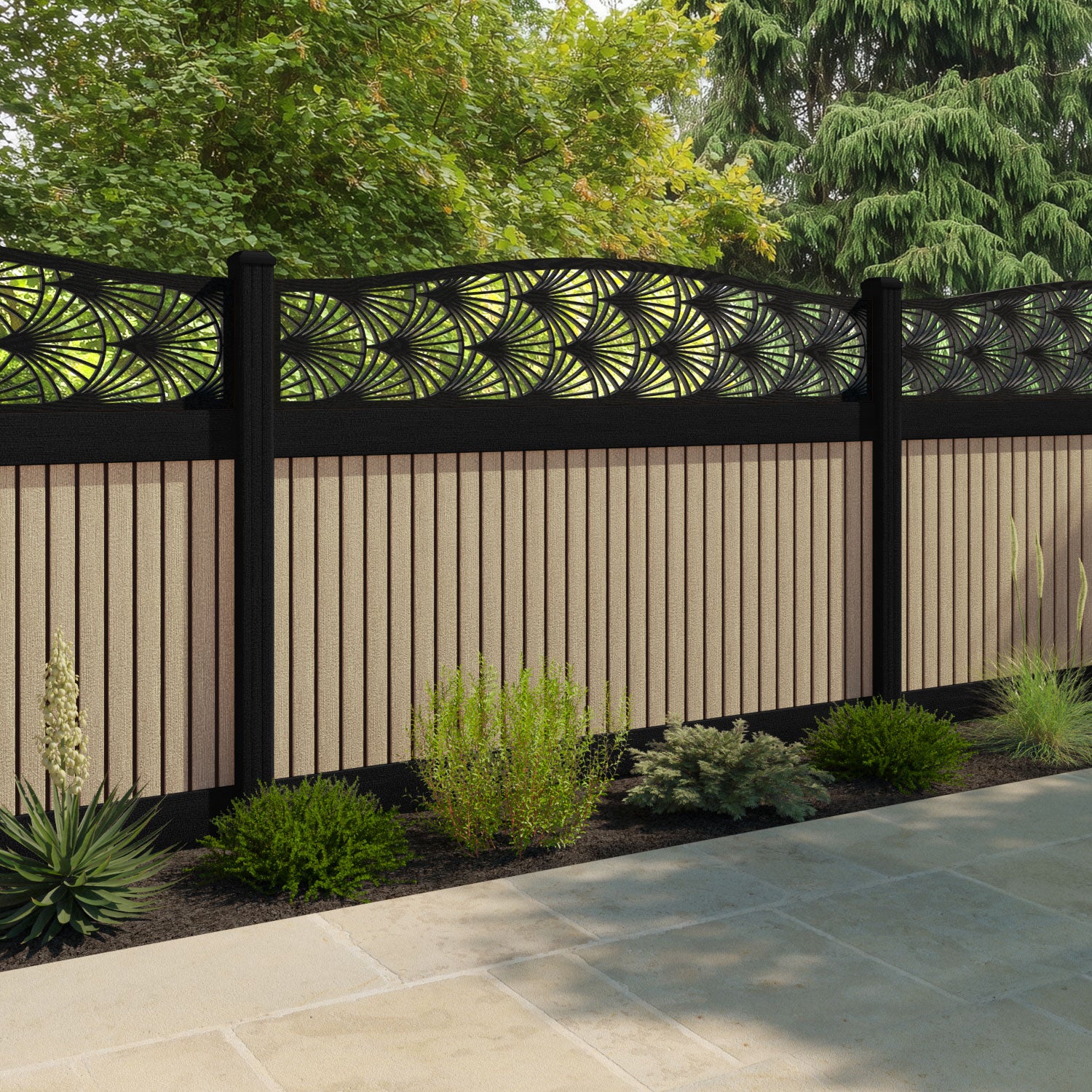 Virtis Laurel Curved Top Fence Panel - Light Oak - with our aluminium posts