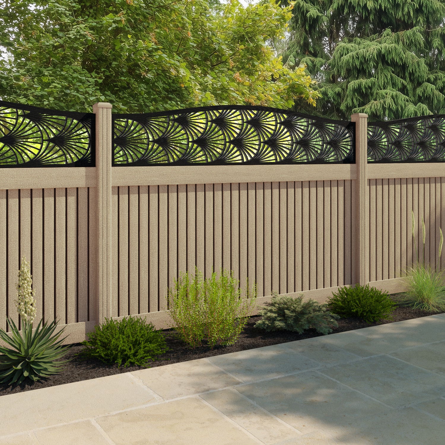 Virtis Laurel Curved Top Fence Panel - Light Oak - with our composite posts