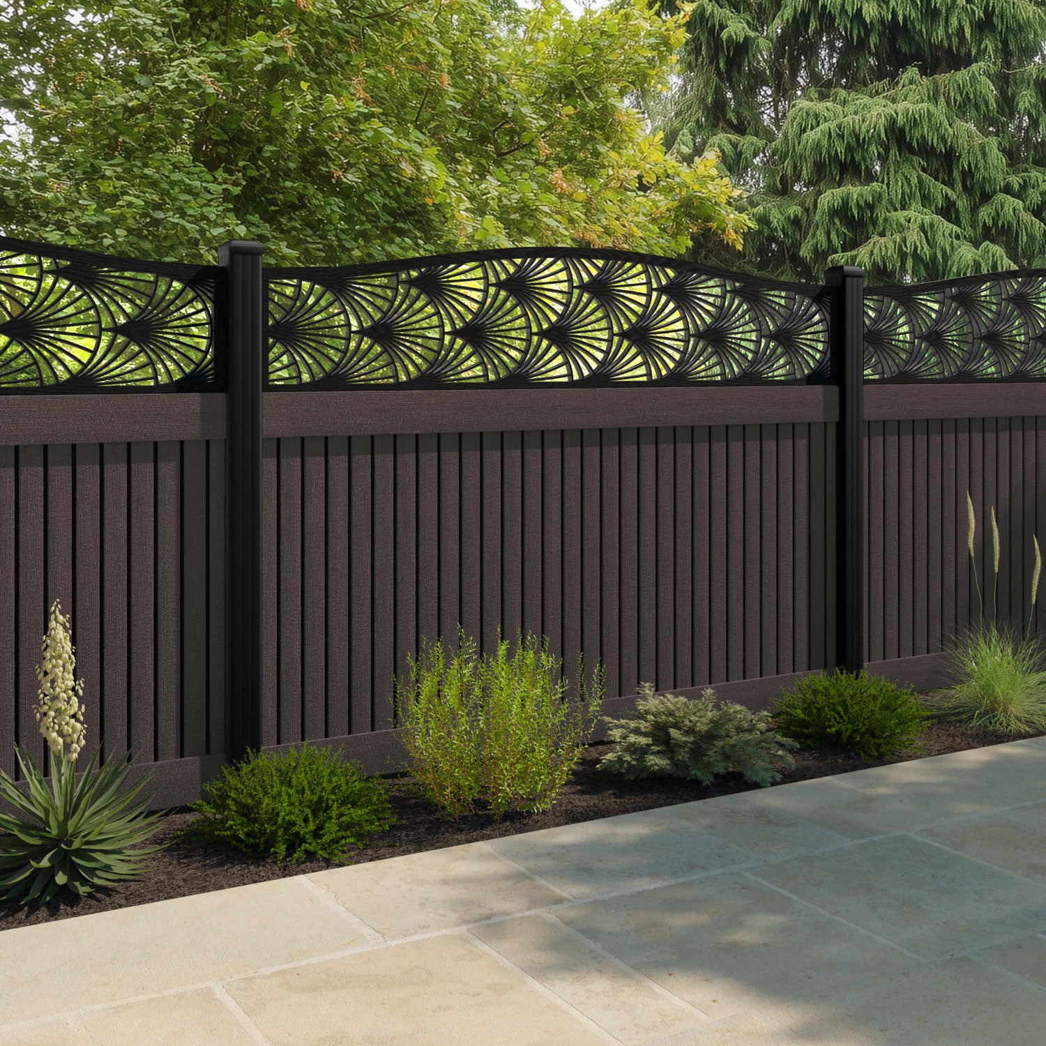Virtis Laurel Curved Top Fence Panel - Mid Brown - with our aluminium posts