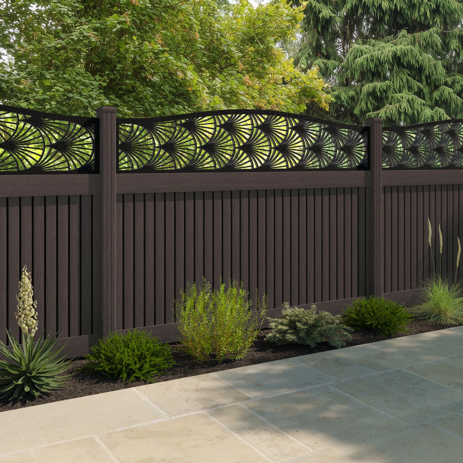 Virtis Laurel Curved Top Fence Panel - Mid Brown - with our composite posts