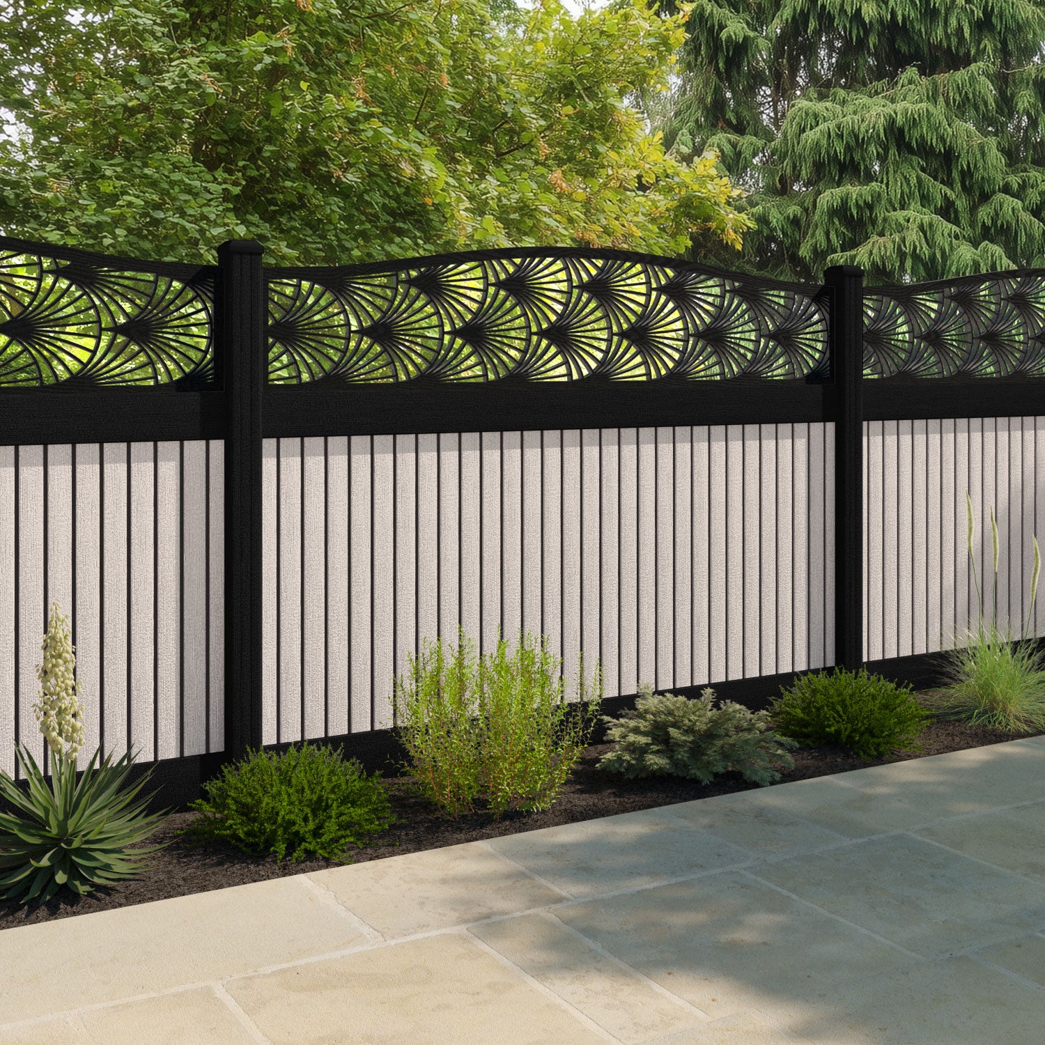 Virtis Laurel Curved Top Fence Panel - Mid Stone - with our composite posts