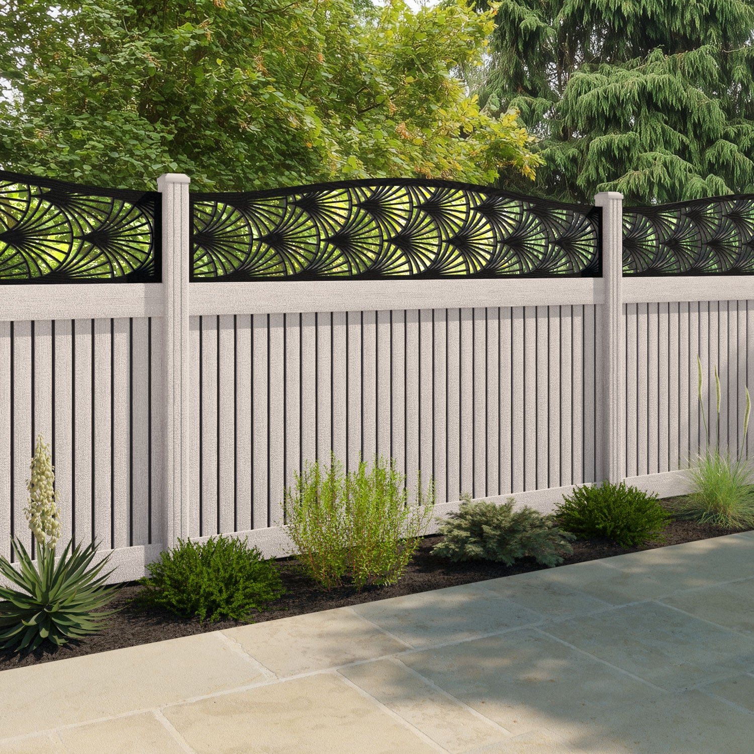 Virtis Laurel Curved Top Fence Panel - Mid Stone - with our composite posts