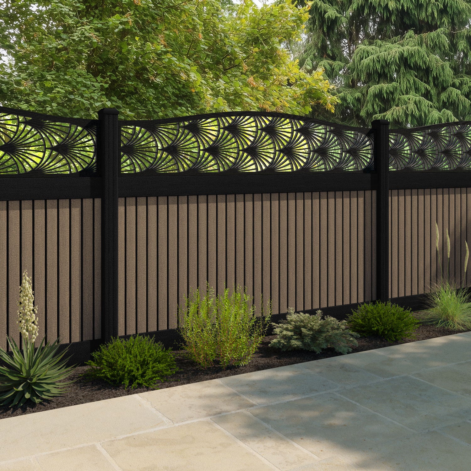 Virtis Laurel Curved Top Fence Panel - Teak - with our aluminium posts