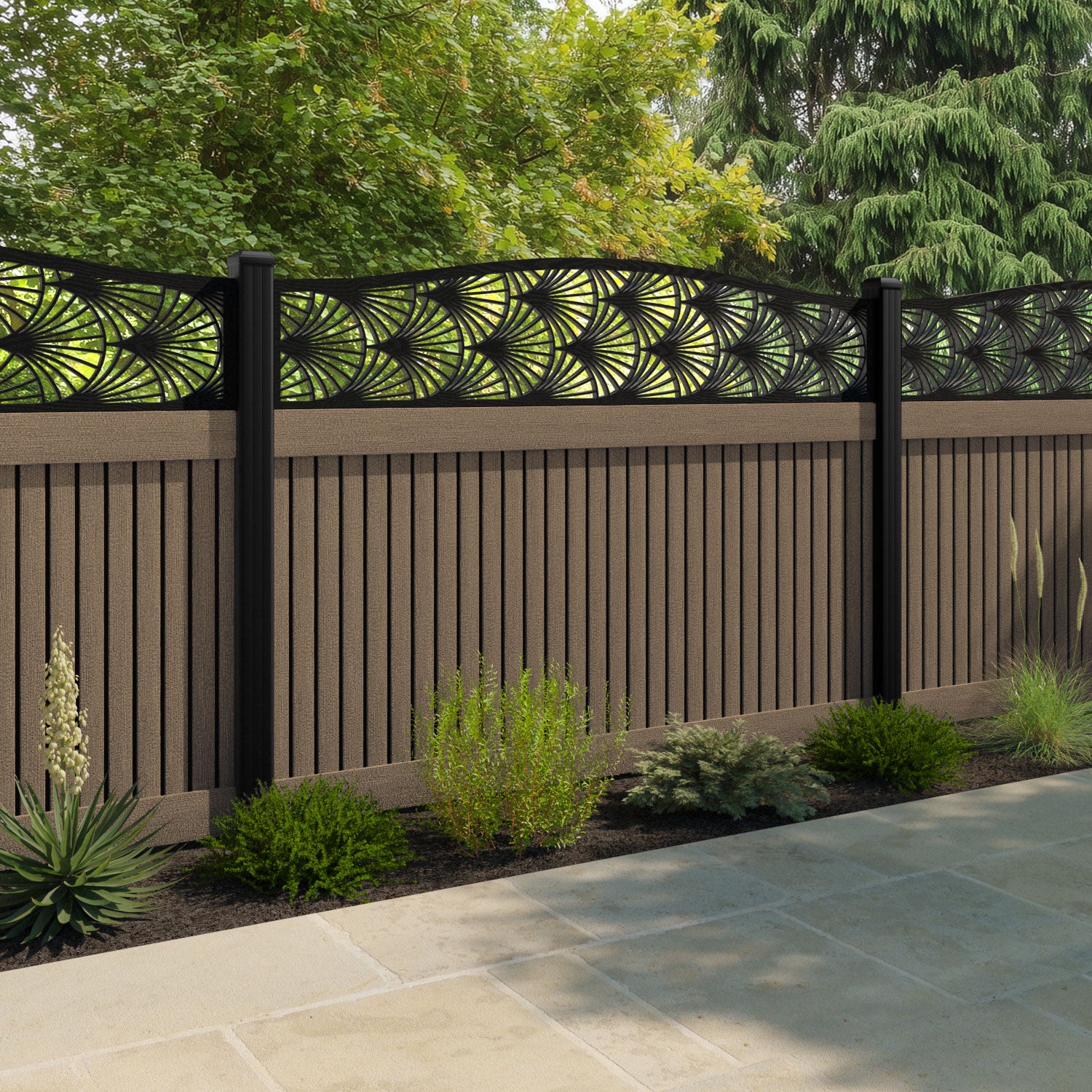 Virtis Laurel Curved Top Fence Panel - Teak - with our aluminium posts