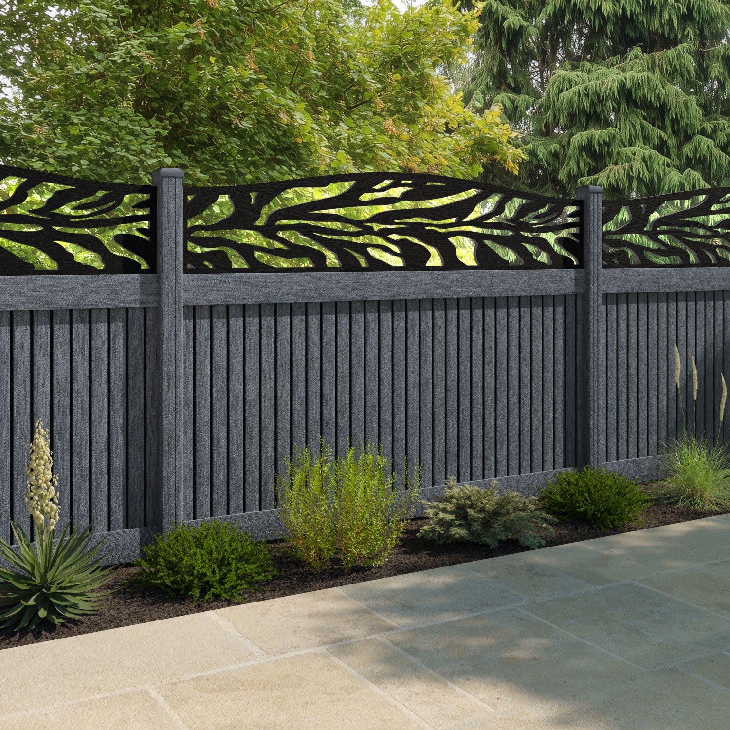 Virtis Malawi Curved Top Fence Panel - Anthracite - with our composite posts