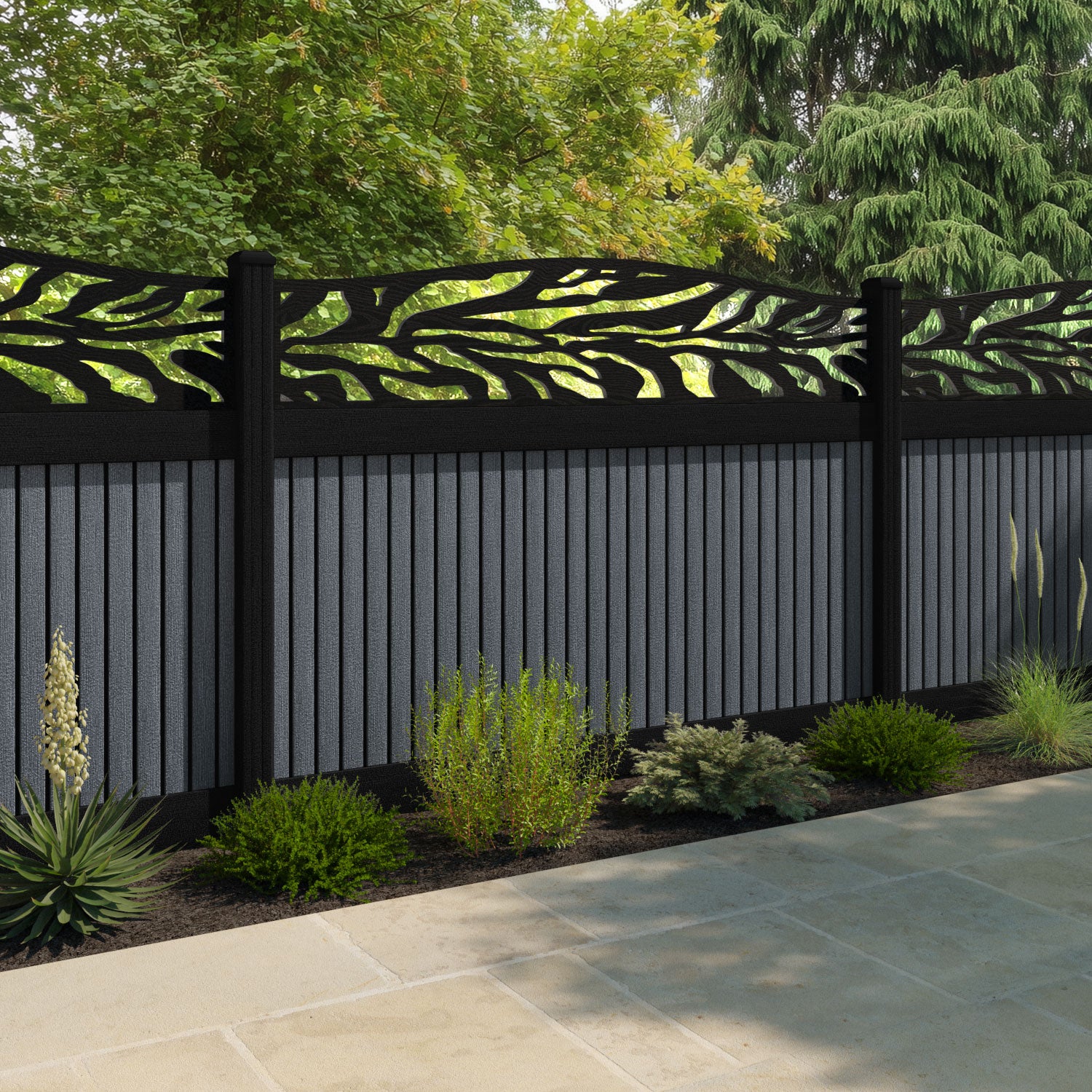 Virtis Malawi Curved Top Fence Panel - Anthracite - with our aluminium posts