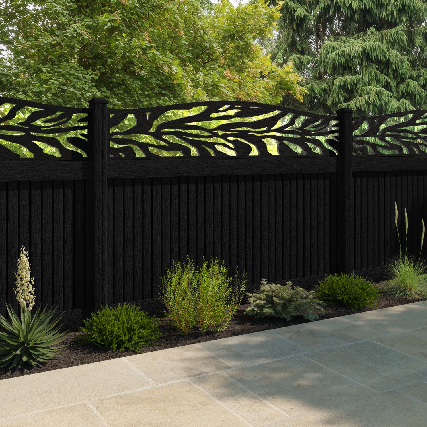 Virtis Malawi Curved Top Fence Panel - Black - with our composite posts