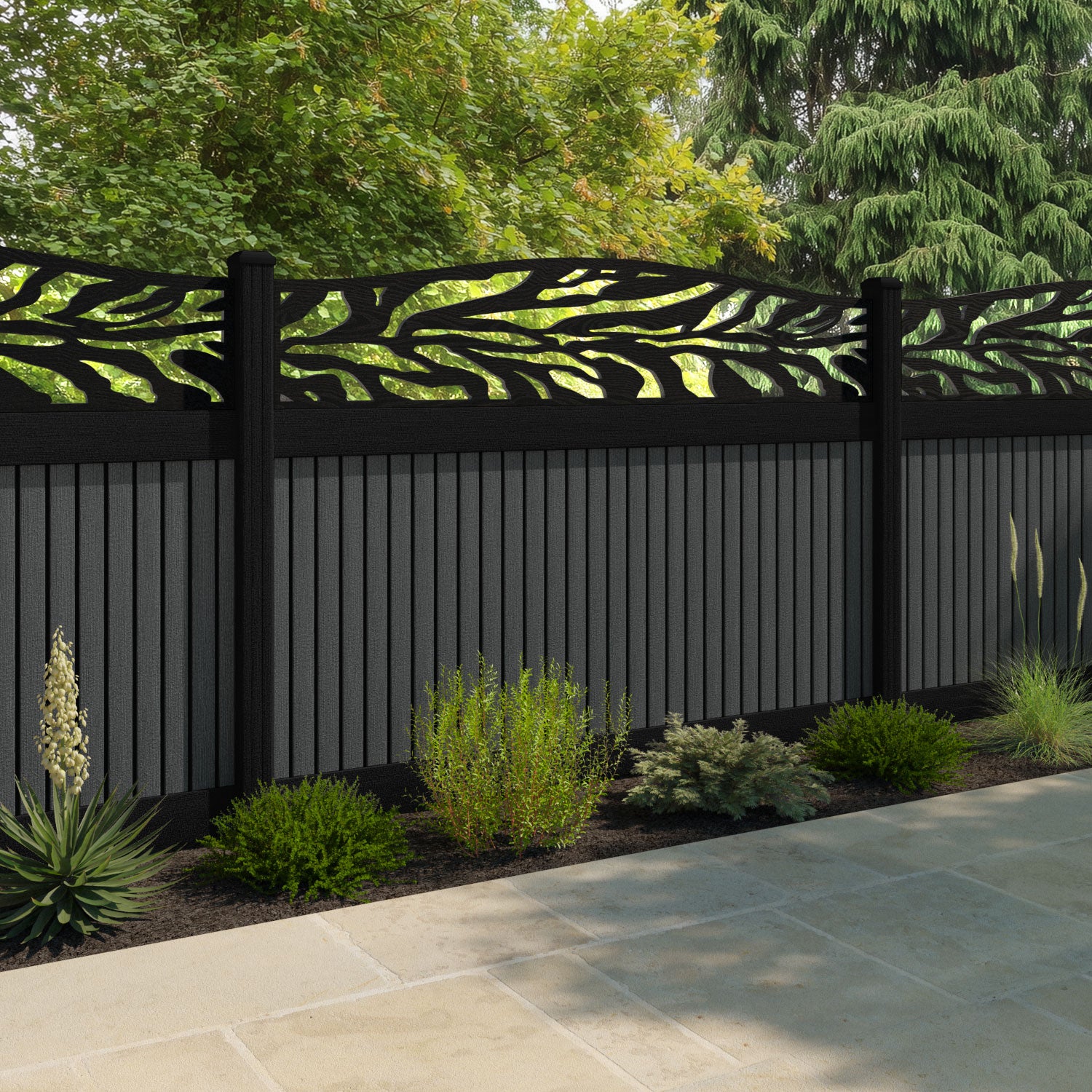 Virtis Malawi Curved Top Fence Panel - Dark Grey - with our composite posts