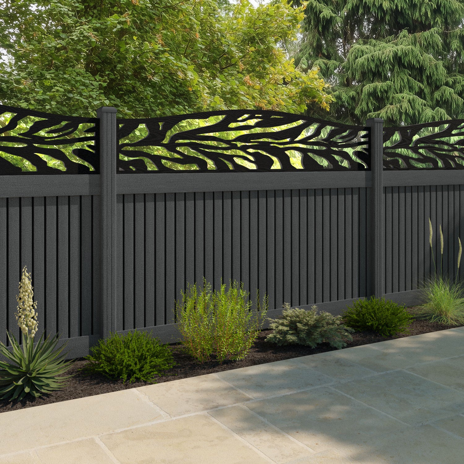 Virtis Malawi Curved Top Fence Panel - Dark Grey - with our composite posts
