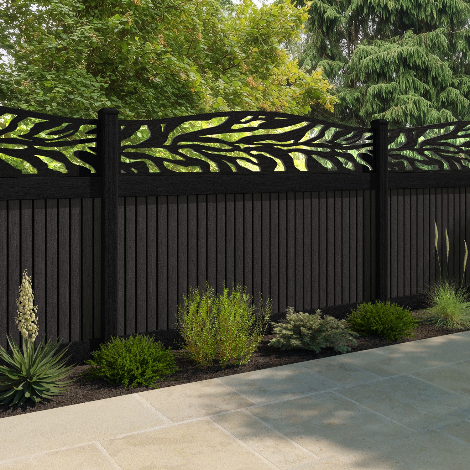 Virtis Malawi Curved Top Fence Panel - Dark Oak - with our aluminium posts