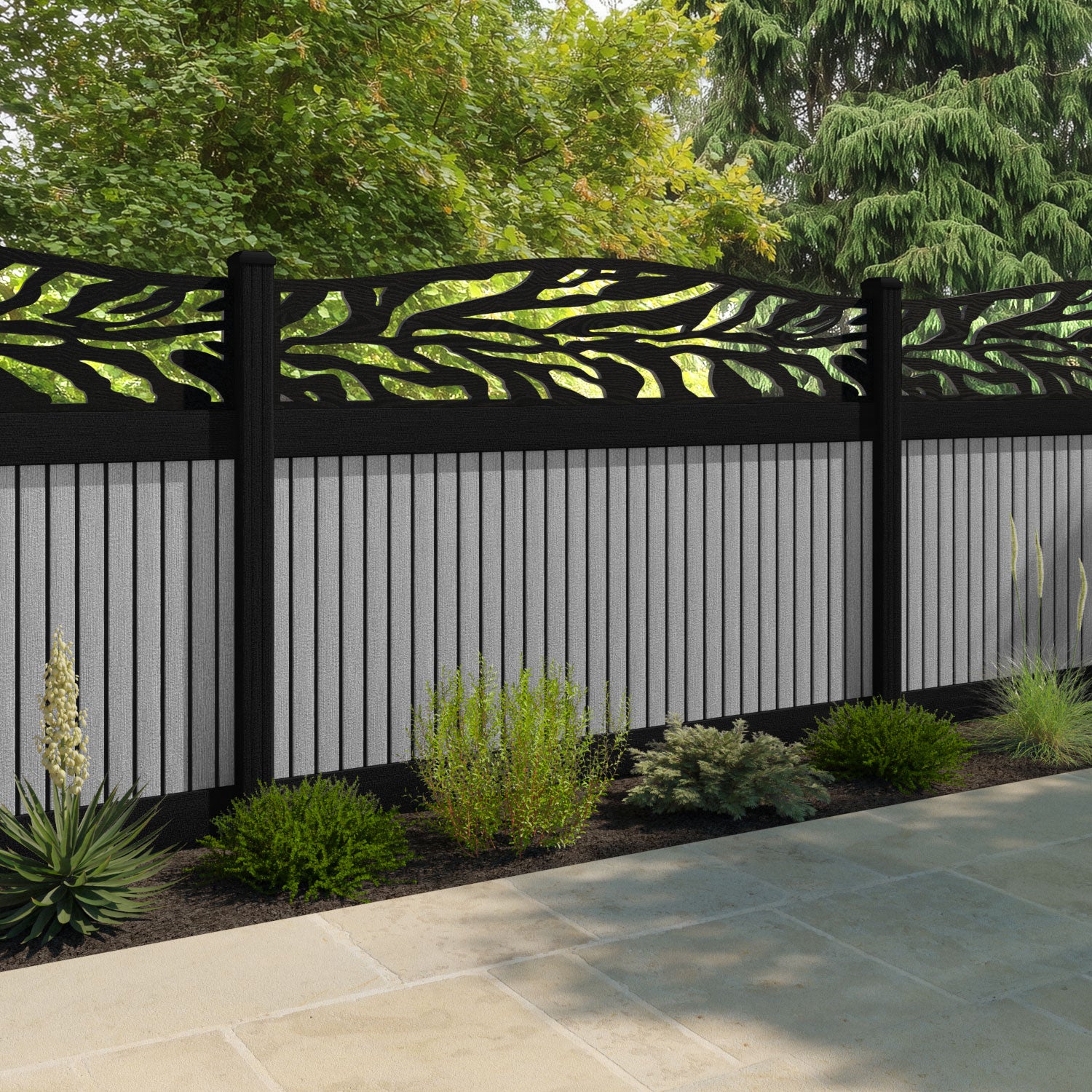 Virtis Malawi Curved Top Fence Panel - Light Grey - with our aluminium posts