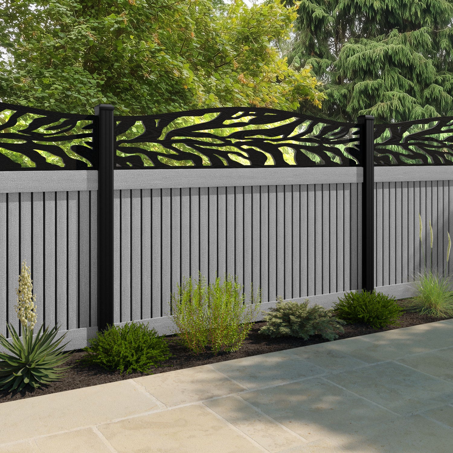 Virtis Malawi Curved Top Fence Panel - Light Grey - with our aluminium posts
