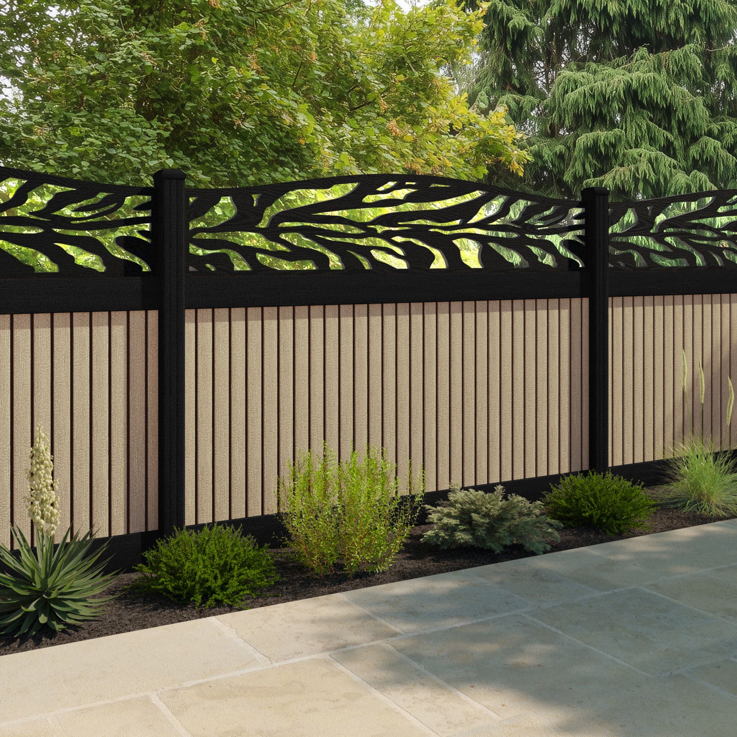 Virtis Malawi Curved Top Fence Panel - Light Oak - with our aluminium posts
