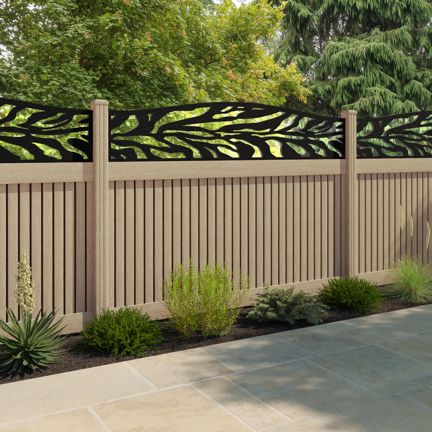 Virtis Malawi Curved Top Fence Panel - Light Oak - with our composite posts