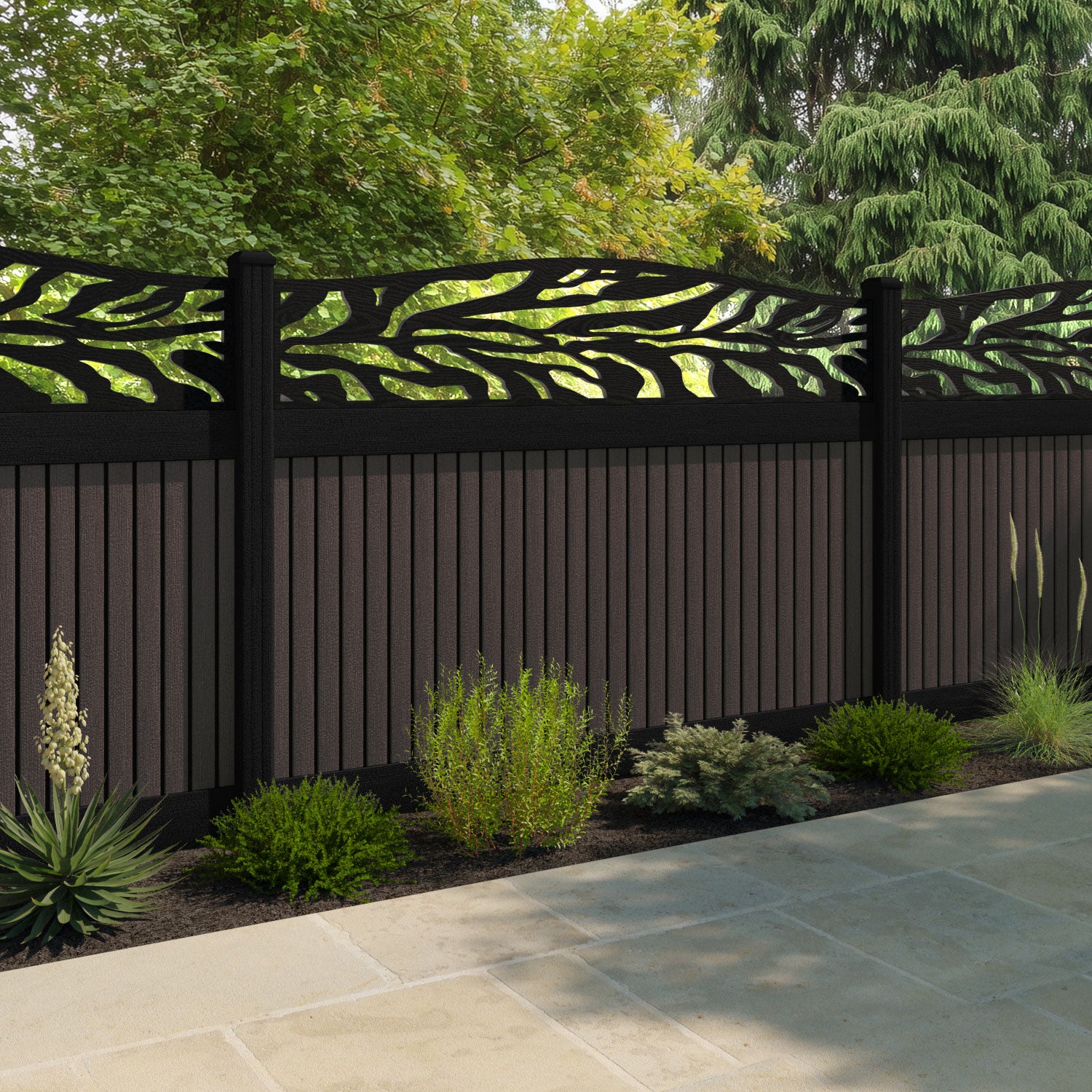 Virtis Malawi Curved Top Fence Panel - Mid Brown - with our composite posts