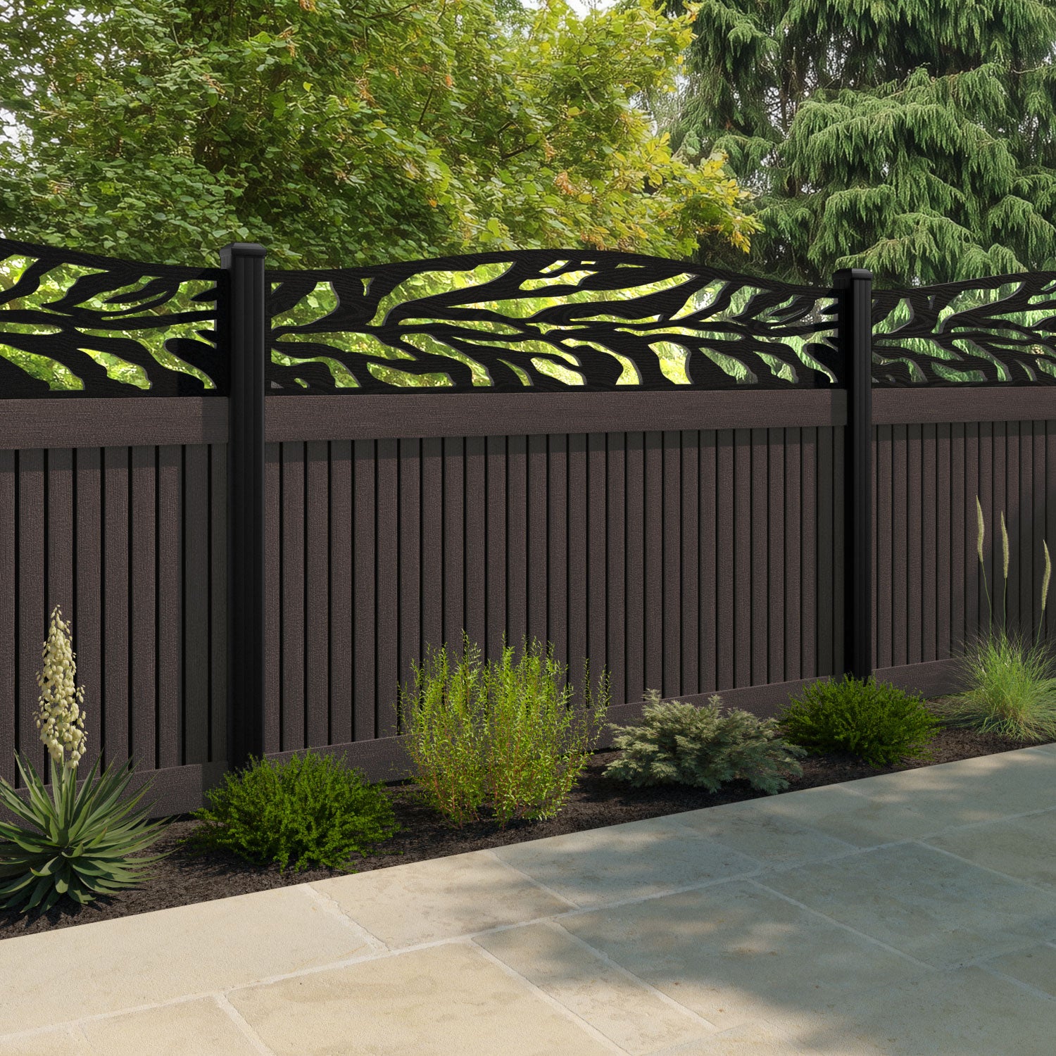 Virtis Malawi Curved Top Fence Panel - Mid Brown - with our composite posts