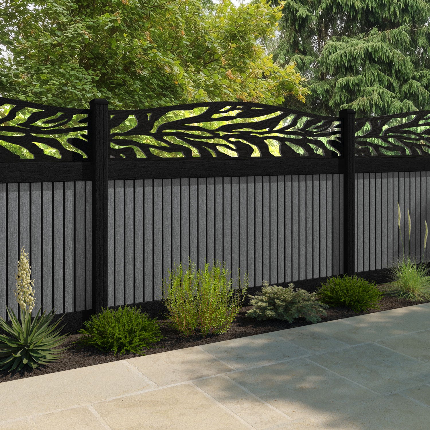 Virtis Malawi Curved Top Fence Panel - Mid Grey - with our composite posts