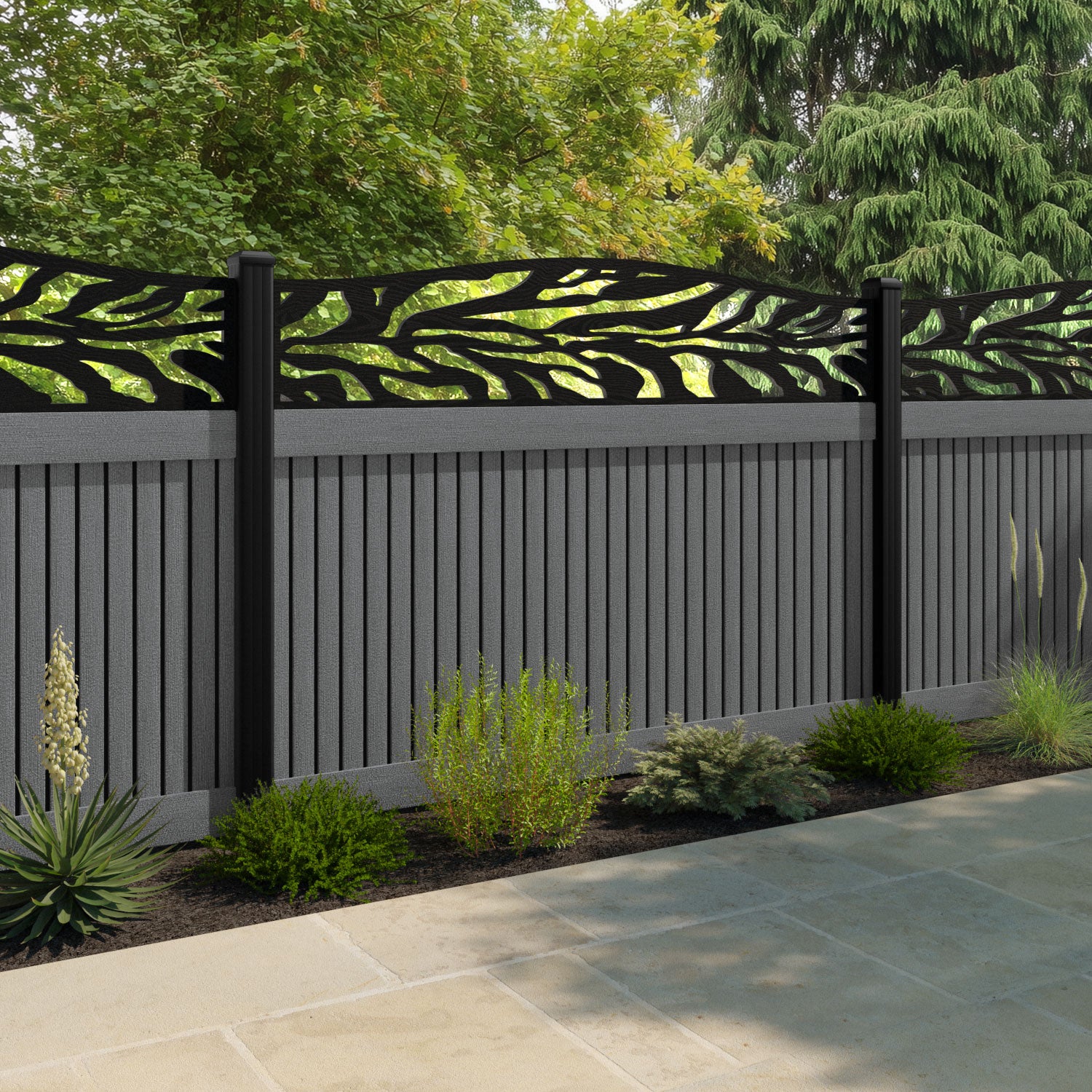 Virtis Malawi Curved Top Fence Panel - Mid Grey - with our composite posts