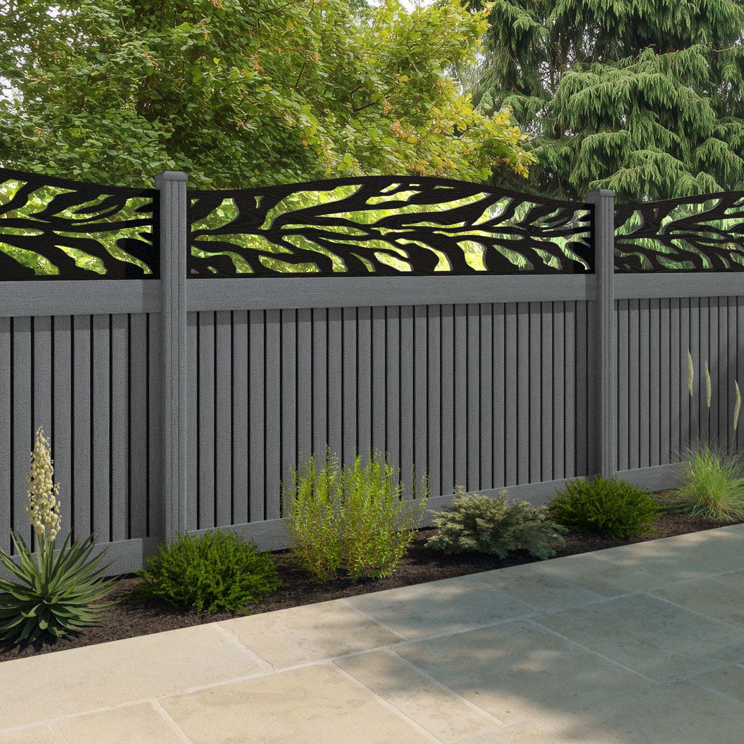 Virtis Malawi Curved Top Fence Panel - Mid Grey - with our composite posts