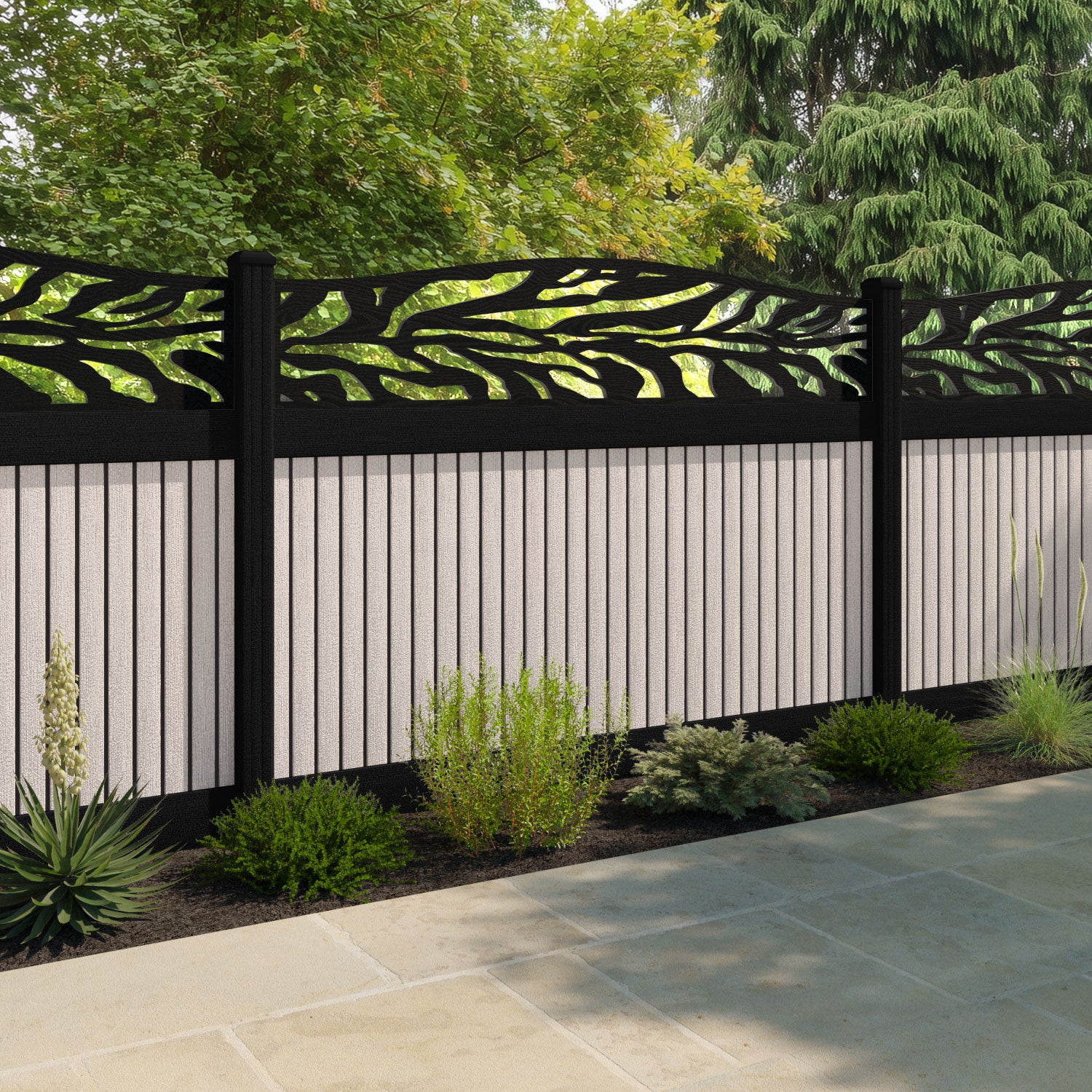 Virtis Malawi Curved Top Fence Panel - Mid Stone - with our composite posts