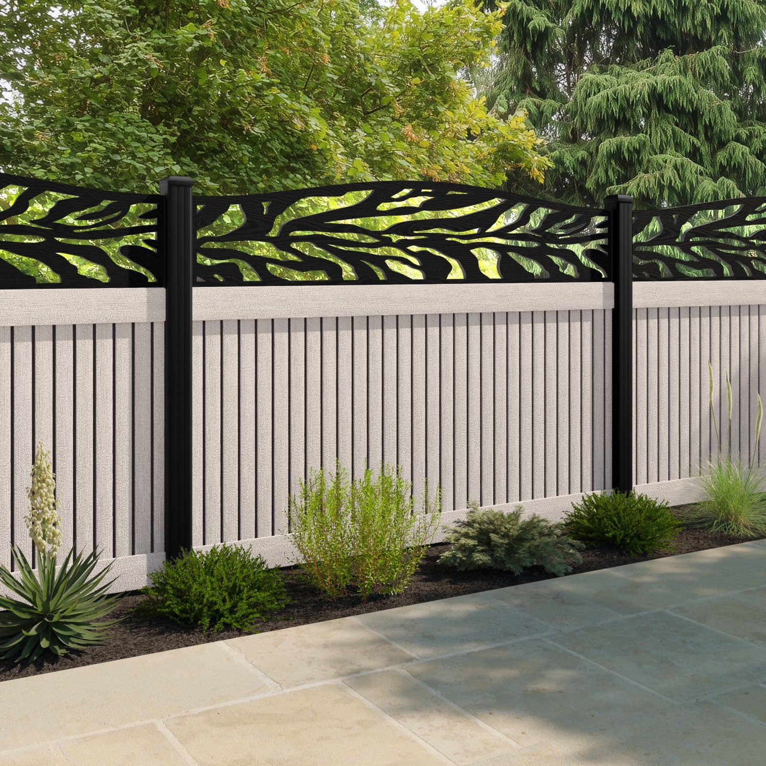 Virtis Malawi Curved Top Fence Panel - Mid Stone - with our aluminium posts