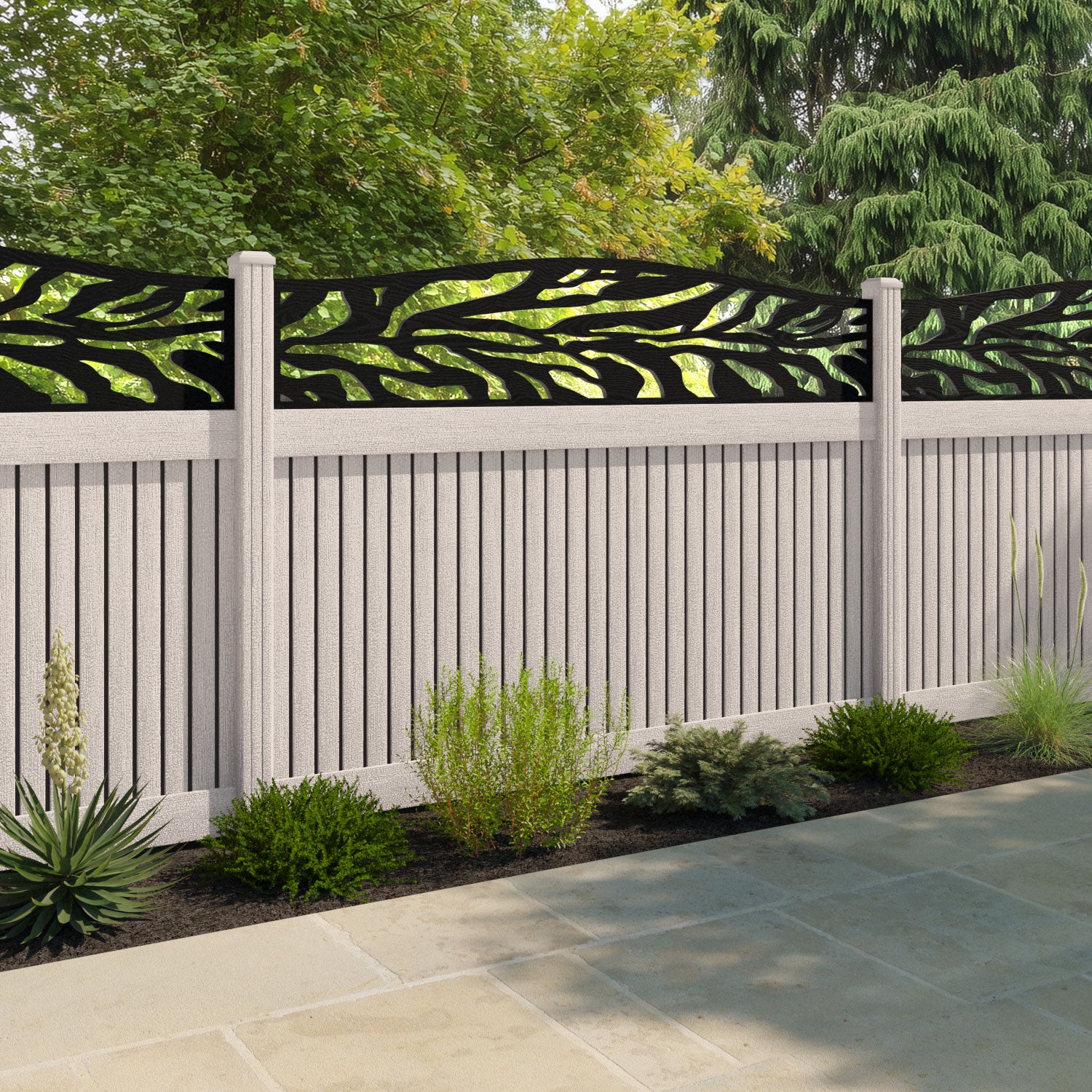 Virtis Malawi Curved Top Fence Panel - Mid Stone - with our composite posts