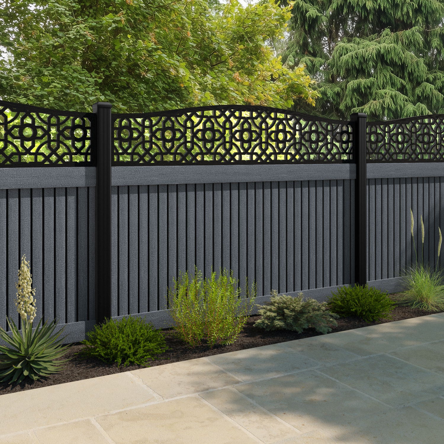 Virtis Nabila Curved Top Fence Panel - Anthracite - with our aluminium posts