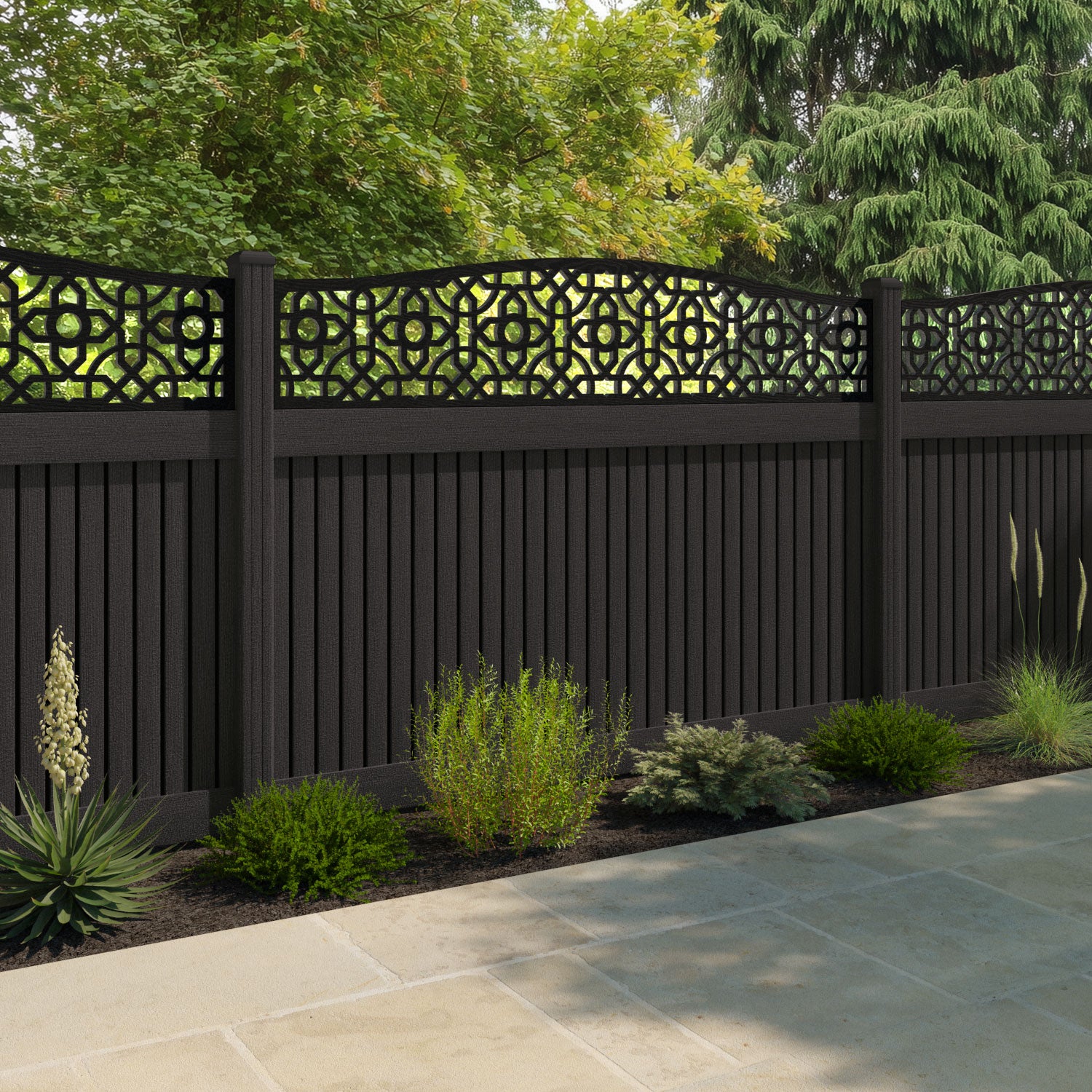 Virtis Nabila Curved Top Fence Panel - Dark Oak - with our composite posts