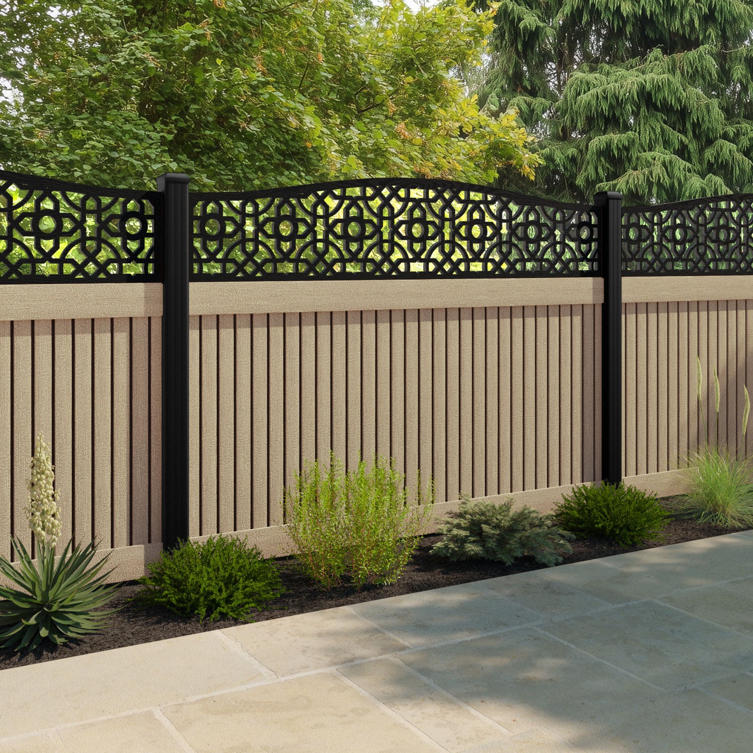 Virtis Nabila Curved Top Fence Panel - Light Oak - with our aluminium posts