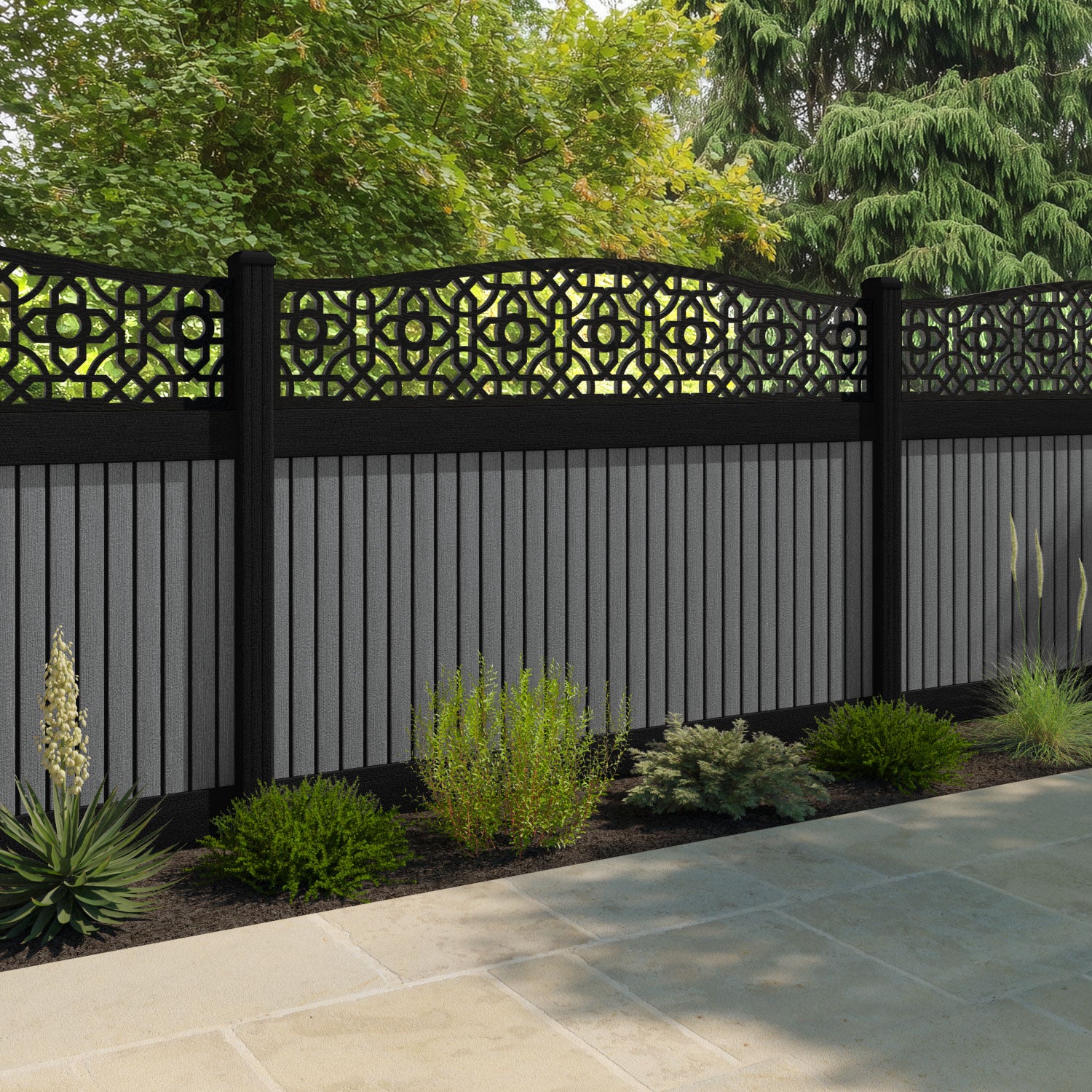 Virtis Nabila Curved Top Fence Panel - Mid Grey - with our aluminium posts