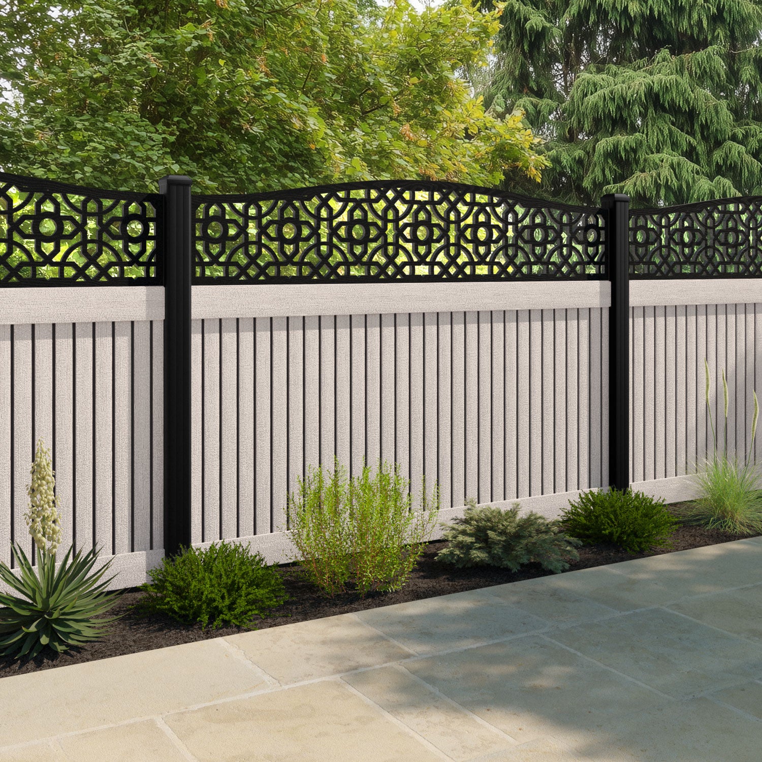Virtis Nabila Curved Top Fence Panel - Mid Stone - with our aluminium posts