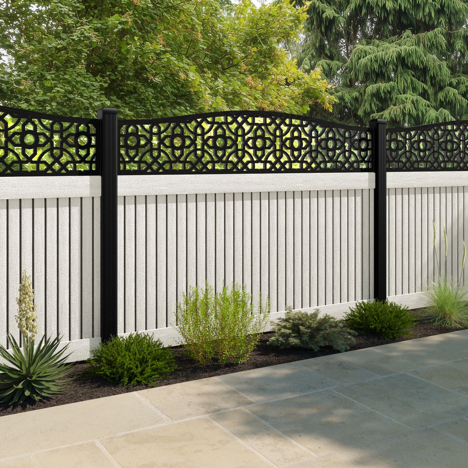 Virtis Nabila Curved Top Fence Panel - Light Stone - with our composite posts