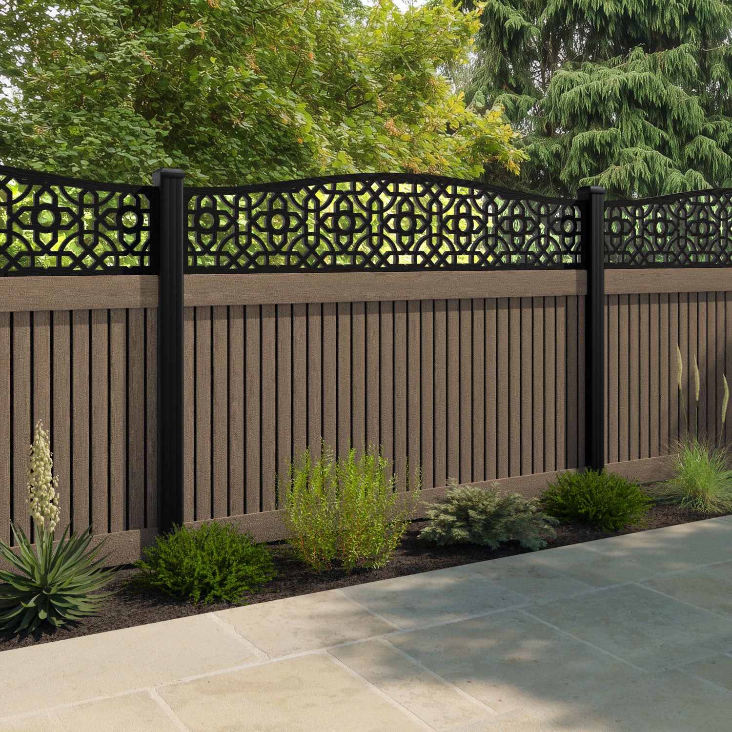 Virtis Nabila Curved Top Fence Panel - Teak - with our aluminium posts