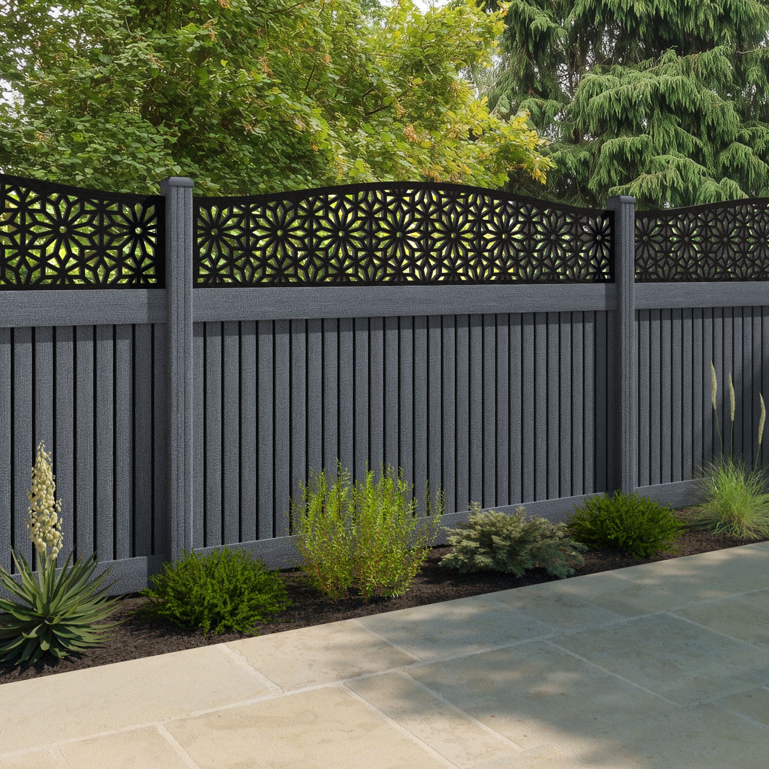 Virtis Narwa Curved Top Fence Panel - Anthracite - with our composite posts