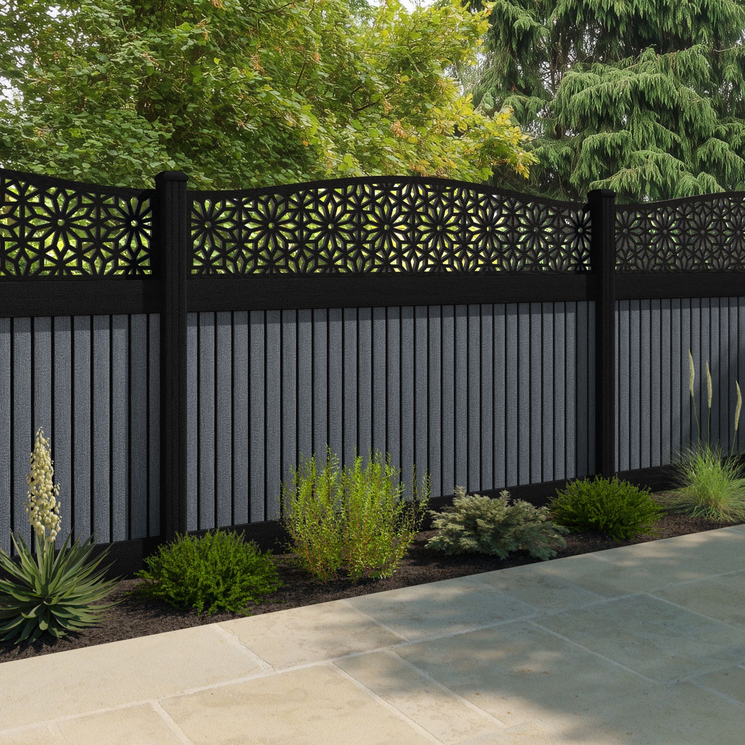 Virtis Narwa Curved Top Fence Panel - Anthracite - with our composite posts