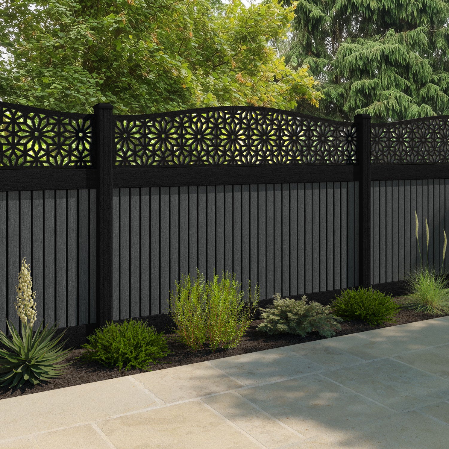 Virtis Narwa Curved Top Fence Panel - Dark Grey - with our aluminium posts