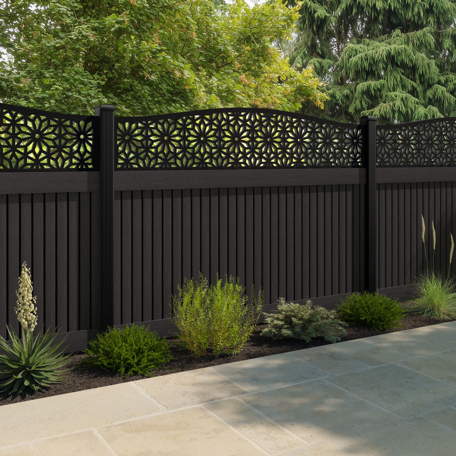 Virtis Narwa Curved Top Fence Panel - Dark Oak - with our aluminium posts