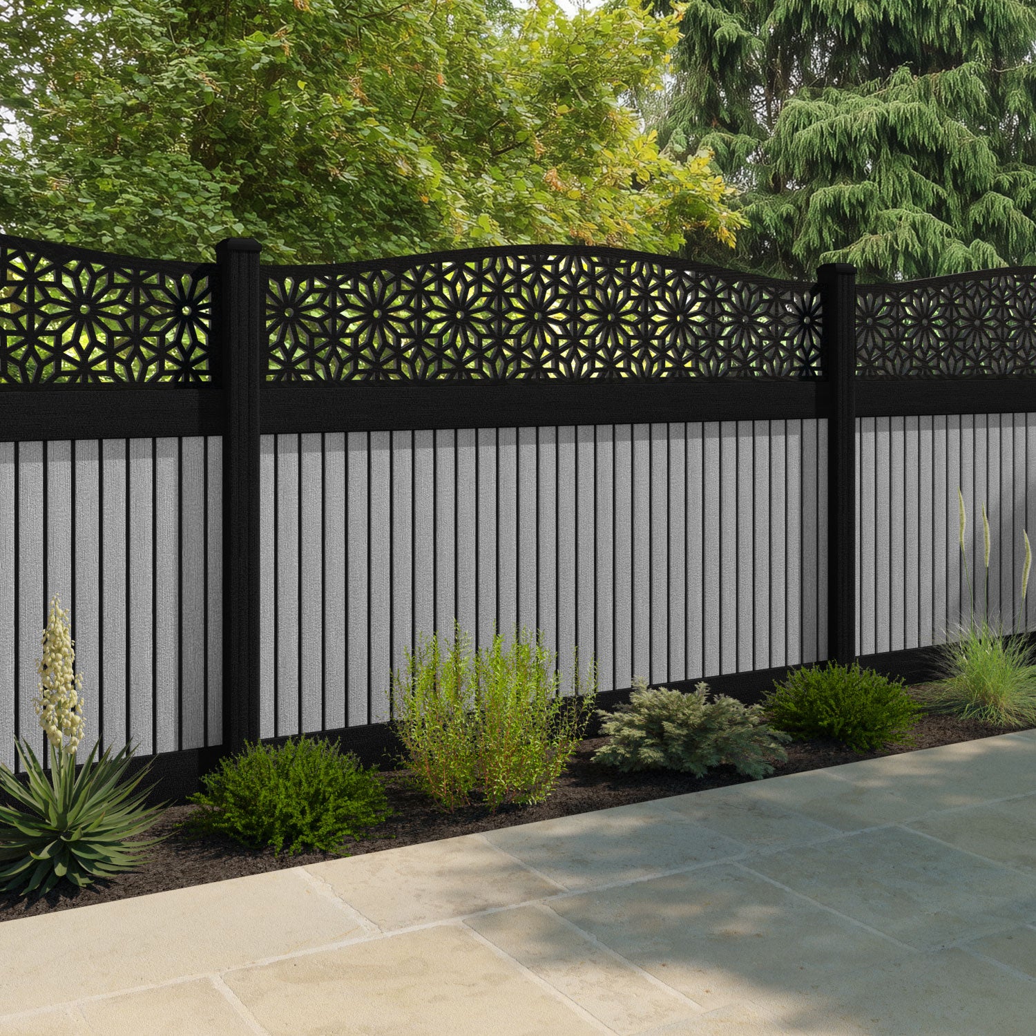 Virtis Narwa Curved Top Fence Panel - Light Grey - with our aluminium posts