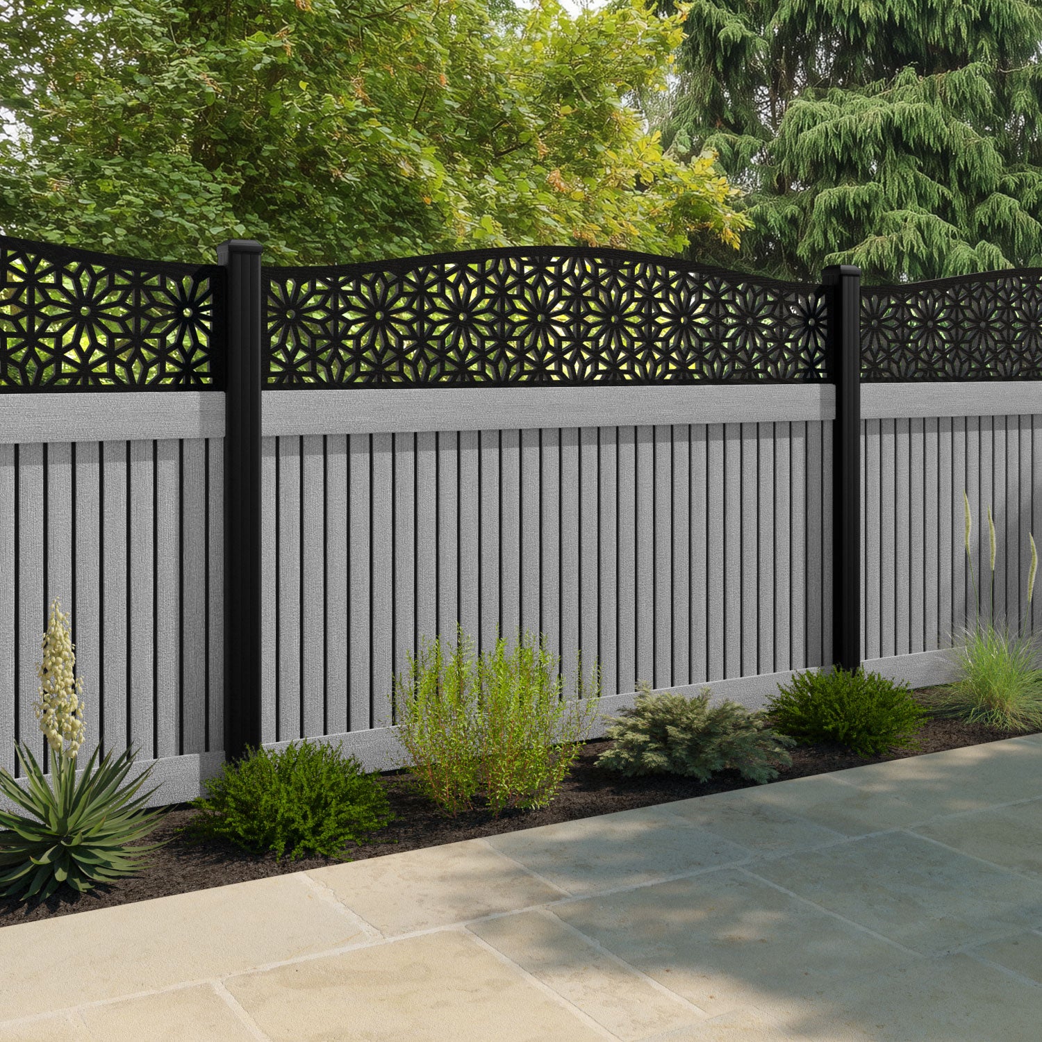 Virtis Narwa Curved Top Fence Panel - Light Grey - with our aluminium posts