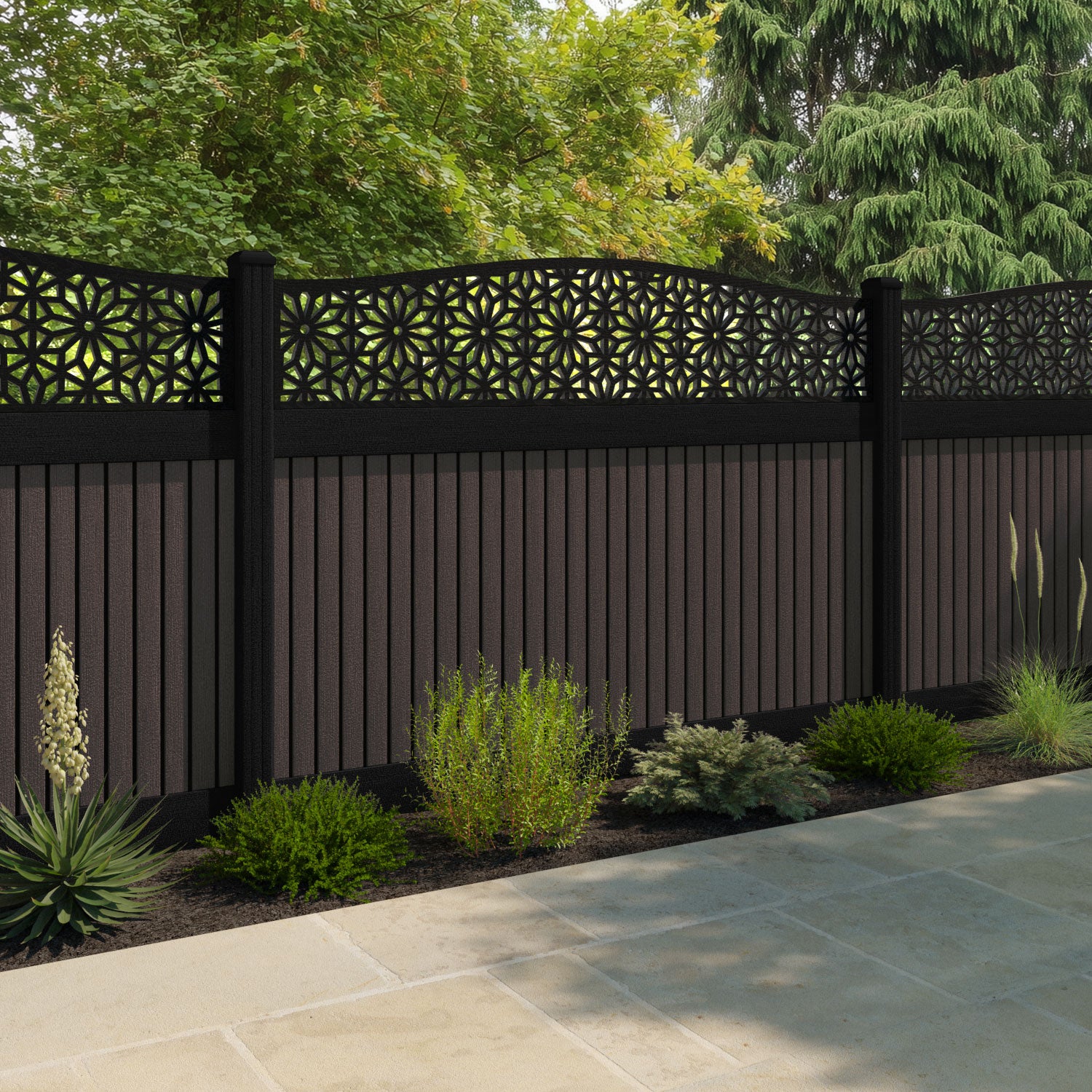 Virtis Narwa Curved Top Fence Panel - Mid Brown - with our composite posts