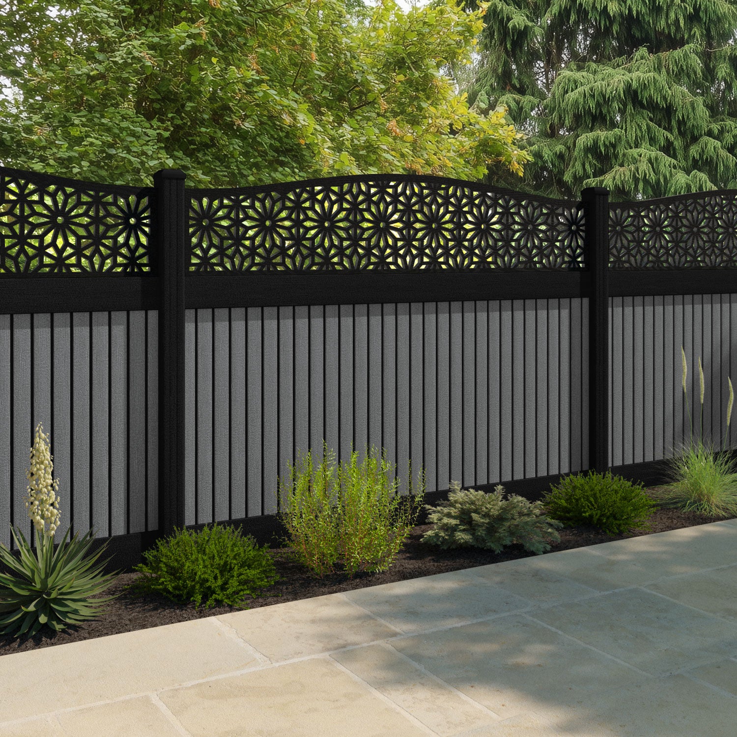 Virtis Narwa Curved Top Fence Panel - Mid Grey - with our composite posts