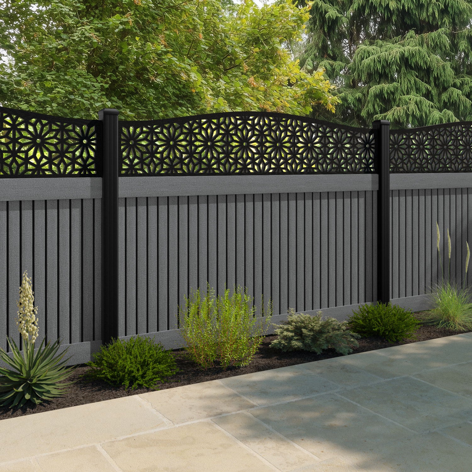 Virtis Narwa Curved Top Fence Panel - Mid Grey - with our composite posts
