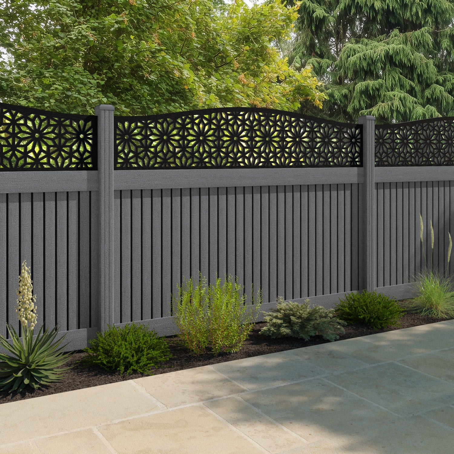 Virtis Narwa Curved Top Fence Panel - Mid Grey - with our composite posts
