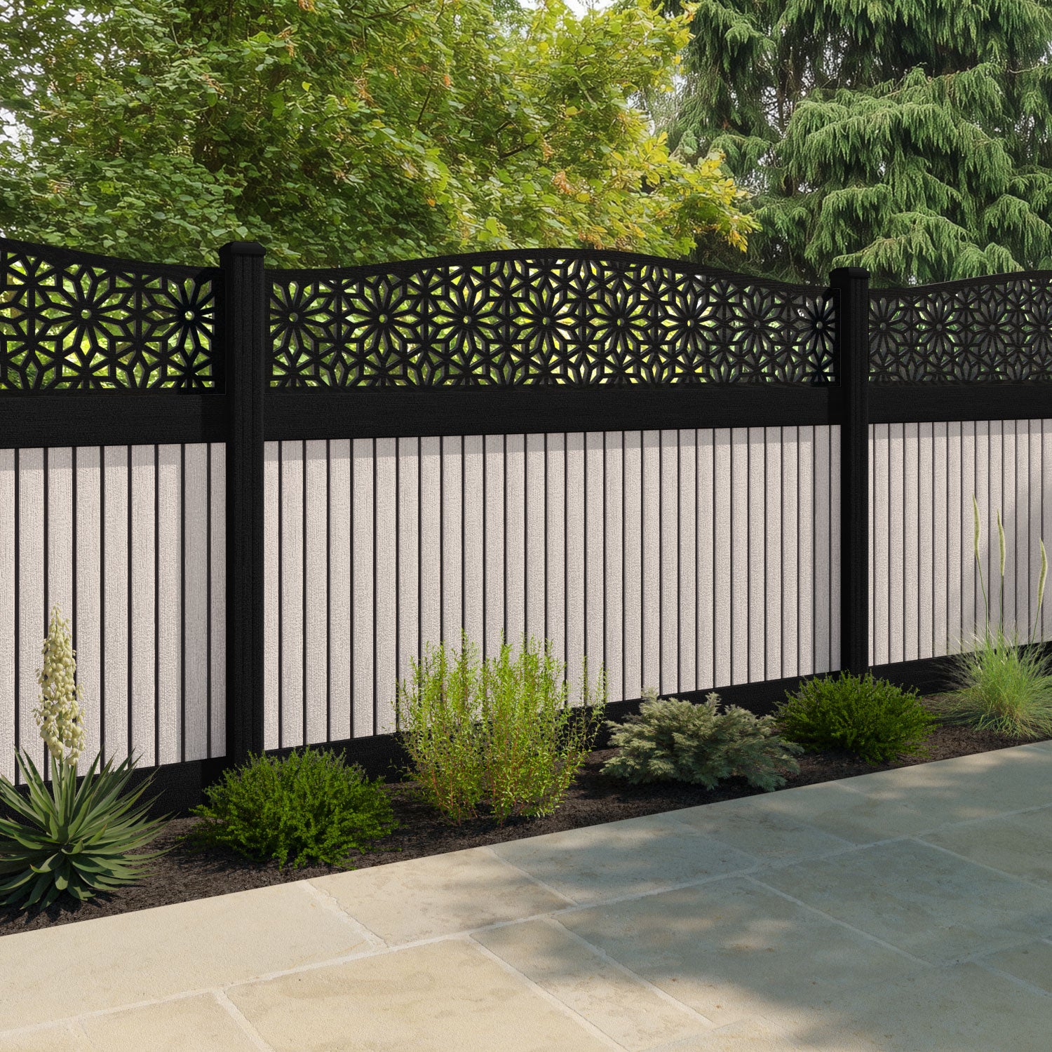 Virtis Narwa Curved Top Fence Panel - Mid Stone - with our composite posts