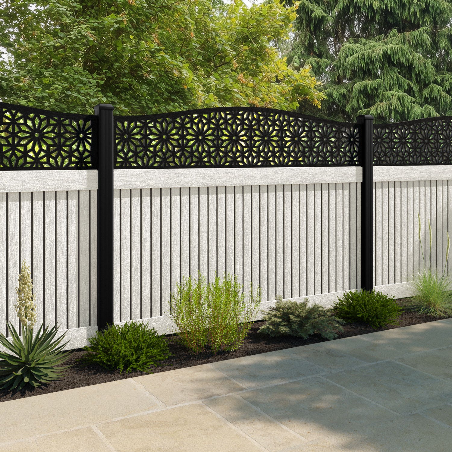Virtis Narwa Curved Top Fence Panel - Light Stone - with our aluminium posts