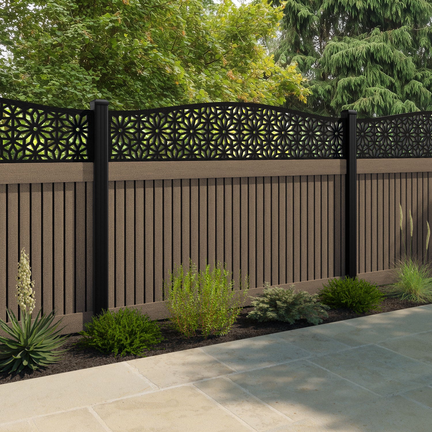 Virtis Narwa Curved Top Fence Panel - Teak - with our composite posts